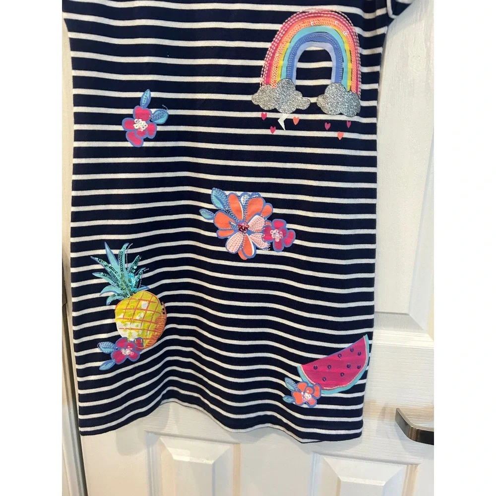 Gymboree T-Shirt Dress Navy Blue Striped Sequin Rainbow Pineapple Fruit Kids 8